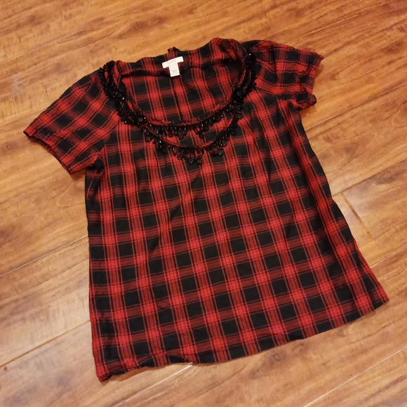 J. Crew Red and Black Plaid Eliza Blouse with Beaded Collar, 2 - Picture 2 of 8